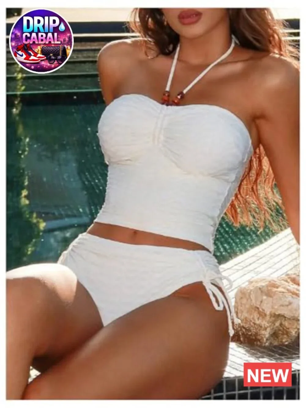 Textured Halter Beaded Ruched Tankini 2 Piece Swimsuits Medium Stretch